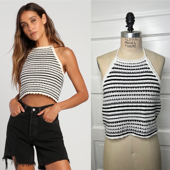 Crochet Striped Halter Top  ALYA Medium Cotton Sweater - Picture 1 of 14